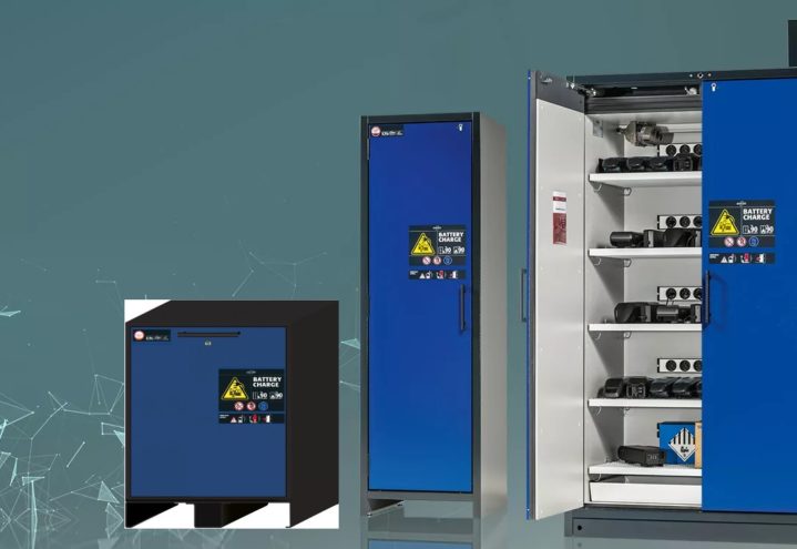 Brannsikrede skap for trygg oppbevaring og lading av Litium-ion batterier